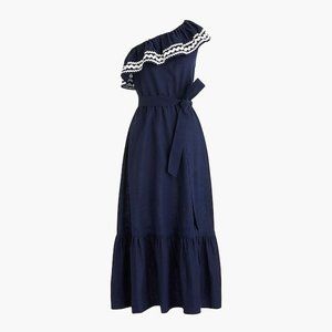 J. Crew Ruffle Tie-Waist Dress with Rickrack Trim, in Navy